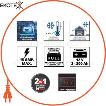 Пуско-зарядное устройство, микропроц. контроль, 12 В, 3-300 А/ч, макс. 15 А Einhell CE-BC 15 M (1002265)