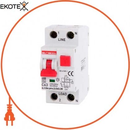 Enext p0720014 выключатель дифференциального тока с защитой от сверхтоков e.rcbo.pro.2.c63.30, 1p+n, 63а, с, тип а, 30ма