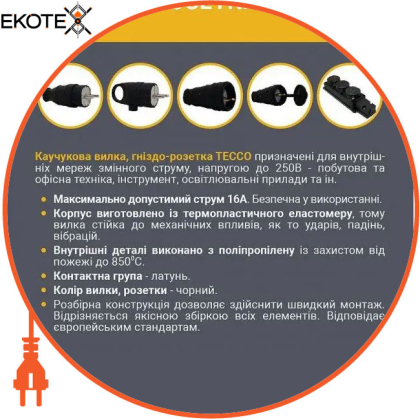 Розетка ТЕССО Каучук 2 поста із заземленням з кришкою чорна 1шт/уп