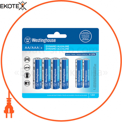 Щелочная батарейка Westinghouse Dynamo Alkaline 4шт AA/LR6 + 2шт AAA/LR03 уп/blister