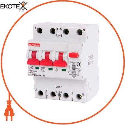 Enext p0720020 выключатель дифференциального тока с защитой от сверхтоков e.rcbo.pro.4.c63.30, 3p+n, 63а, с, тип а, 30ма